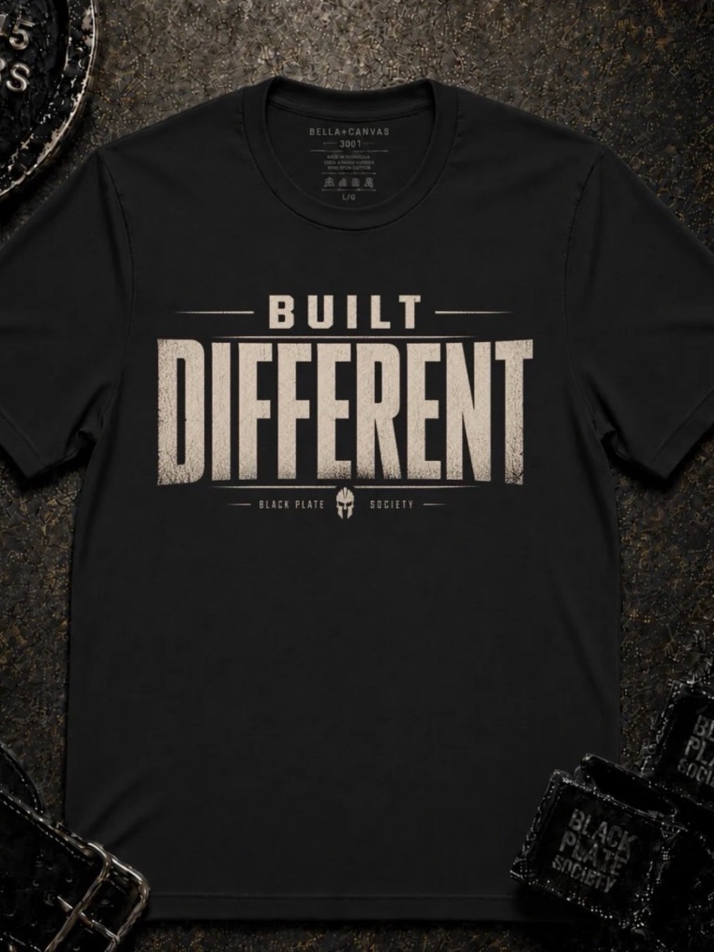 Black Plate Society Brand Gym T-Shirt with Cream "Built Different" Graphic